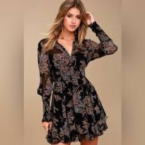 FREE PEOPLE‎ Fake Pretend Black Print Long Sleeve Mini Dress Boho Party Size S